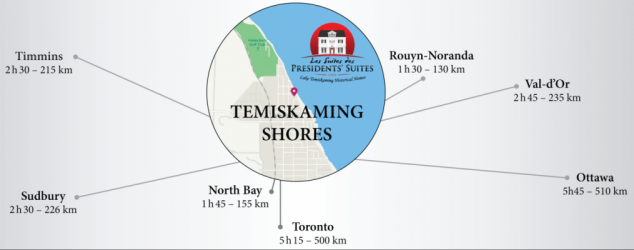 Map of Temiskaming Shores as a regional hub for Northern-eastern Ontario / Carte de Temiskaming Shores comme carrefour régional du nord-est de l'Ontario