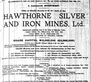 Hawthorne Silver and Iron Mines share offering from the Cobalt Silver Rush days