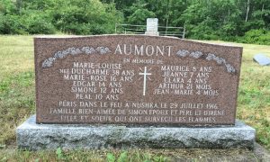 Aumont Family Headstone at Moore's Cove Cemetery. These family members perished in the Matheson (Nushka) 1916 great fire. 