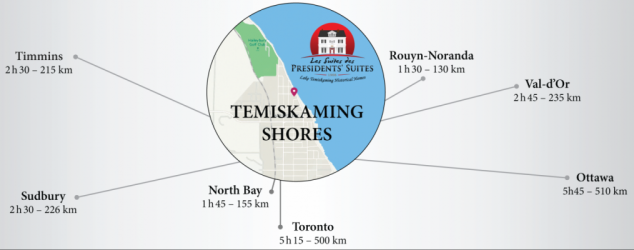 Map of Temiskaming Shores as a regional hub for Northern-eastern Ontario. Perfect location for a business destination and vacation rentals