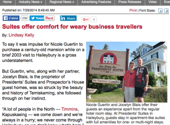 Article in the Northern Ontario Business about the Presidents' Suites / Article dans le Northern Ontario Business au sujet des Suites des Présidents