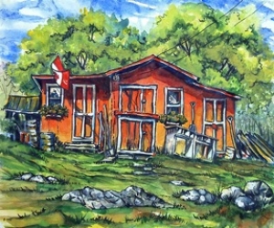 The Wonky Shed, watercolour and ink on crinkled watercolour paper by Laura Landers