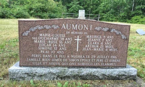 Aumont Family Headstone at Moore's Cove Cemetery. These family members perished in the Matheson (Nushka) 1916 great fire.