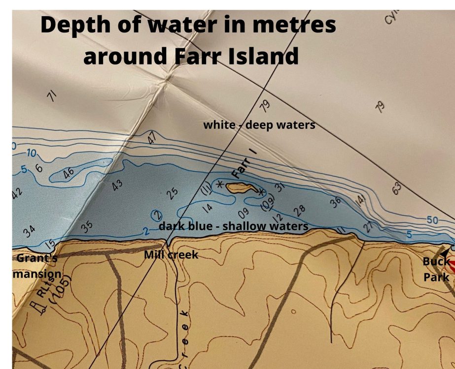 Fishing water depths around Farr Island on Lake Temiskaming