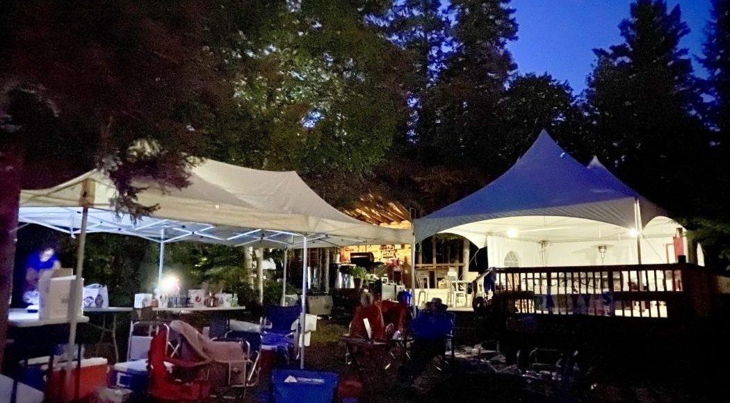 Night view of main pavilion on Farr Island