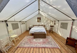 Inside a glamping tent on Farr Island